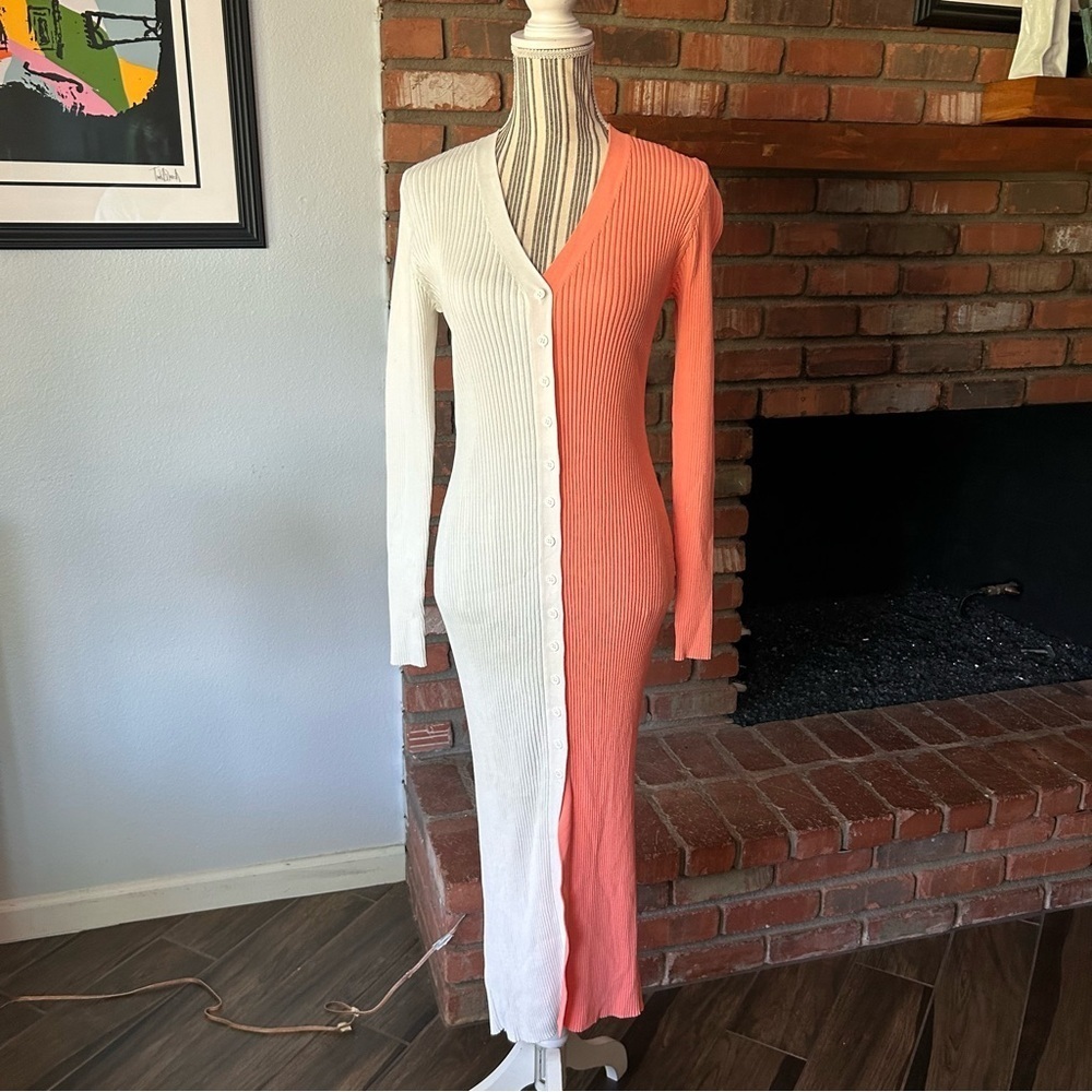 STAUD Shoko Colorblock Long Sleeve Ribbed Cardigan Sweater Midi Dress Coral Sz M